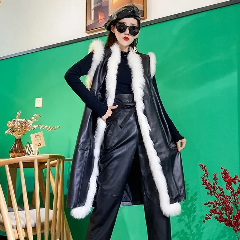 

Style Winter Women Punk Loose Fit Long Waistcoat Sleeveless Sheepskin Genuine Leather Jacket Harajuku Ladies Fox Fur Vest Coat