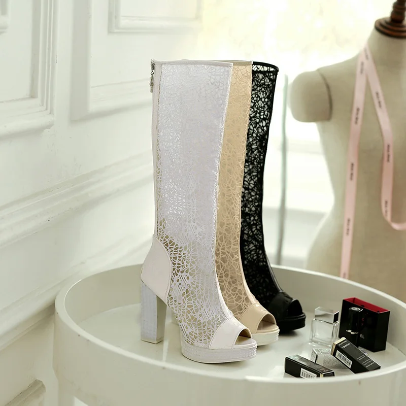 

Sexy Women High Boots 2021 Summer New Air Mesh Peep Toe Back Zipper With Platforms Knee-high Female Martin Boots Plus Size 42
