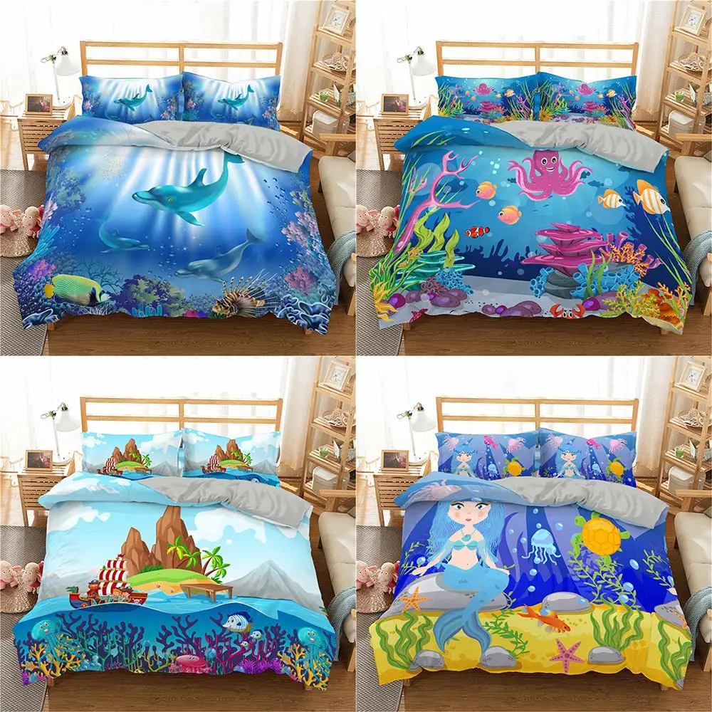 

2021 Ocean Duvet Cover Set Cartoon Underwater World Bedding Set for Kids 3d Printing Bedspreads 3-Piece Comforter Cover