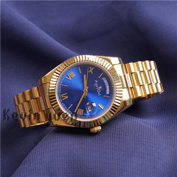 Gold Blue Роскошные брендовые новые мужские часы DAYDATE из желтого розового золота, часы на день, дата, президент, автоматические механические часы Roma, серебристый, черный, зеленый, синий, 41 мм - Цвет: Gold Blue