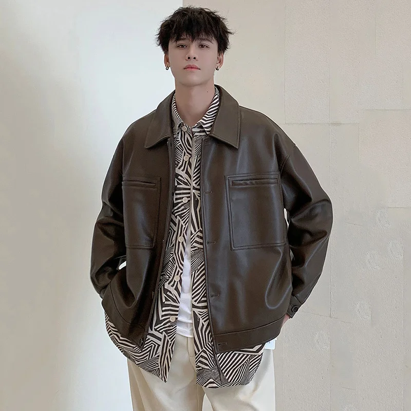 

Men's Single Breasted PU Leather Jacket British Style Handsome Korean Tide Oversized Coat 2021 Autumn Winter New Jacket