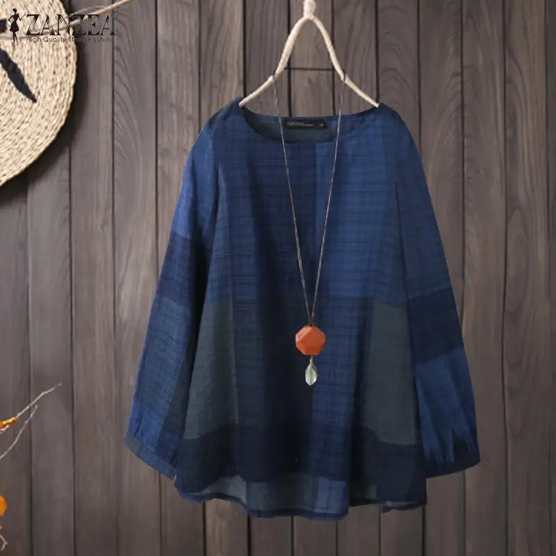 

Women Vintage Spring Long Sleeve Plaid Printed Blouse ZANZEA RetroChecked Tops Loose Shirt Casual O Neck Blusas Tunic