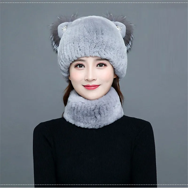 100% набор из шапки и шарфа кроличьего меха со стразами теплым шарфом женский новый