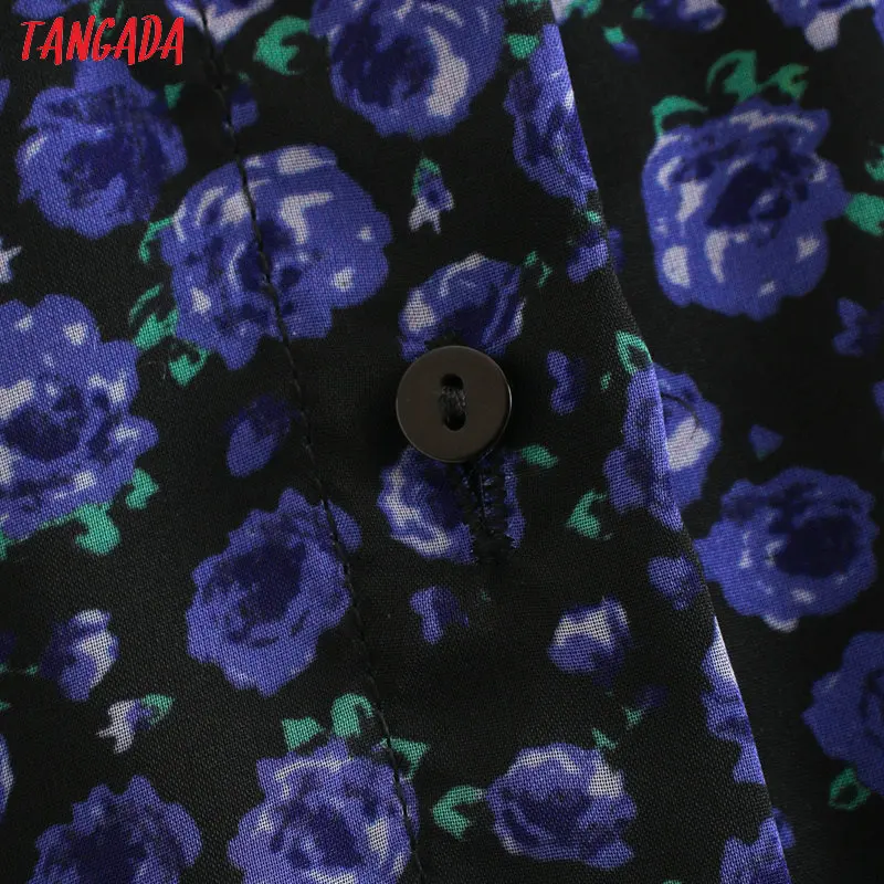 Tangada, модное женское синее платье-рубашка с оборками и цветочным принтом, отложной воротник, Сетчатое лоскутное винтажное платье с длинным рукавом, Vestidos 2XN166