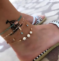 bohemian 4pcs set beach collection turquoise color beads handmade rope waterfresh pearl charms anklets foot accessories