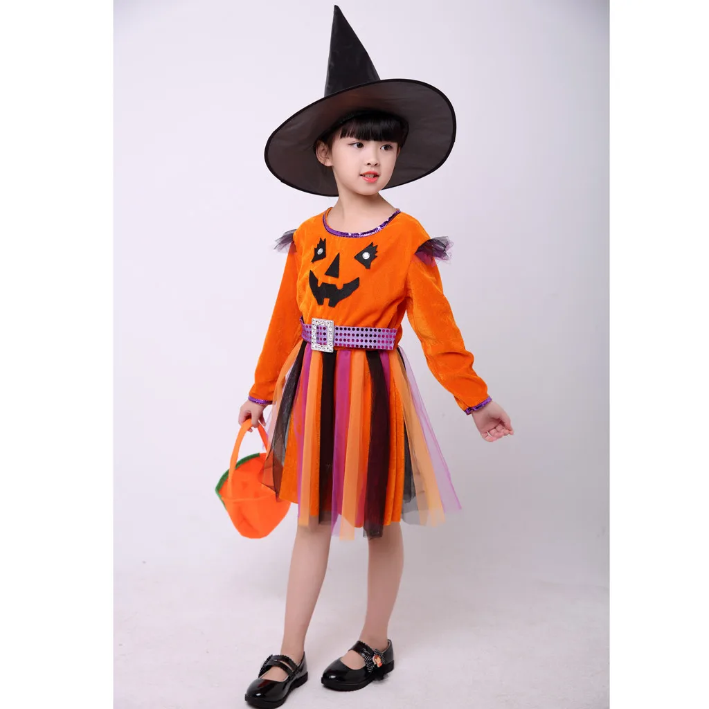 TELOTUNY Baby Kids Girls Halloween Long Sleeve Pumpkin demon Printed dress children's Princess +Cap+ Bags Costume Outfits ZA14 | Детская