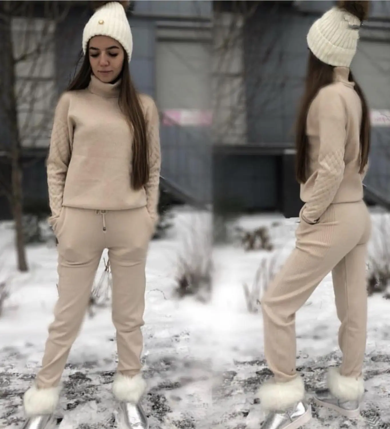 

Minimalism Sweater Pants Sets Cashmere Outfits Knitted Turtleneck Tracksuit Carrot Jogging Pants Pullover Suit Ropa Mujer CHIC