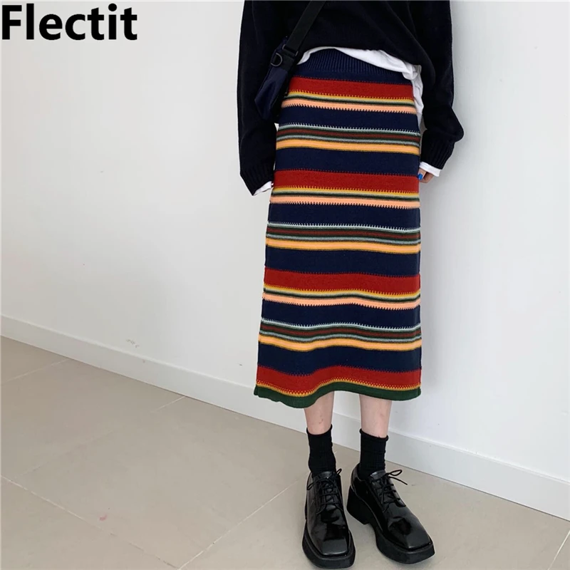 Flectit Harajuku Разноцветные полосатые трикотажные миди-юбки осень-зима женская