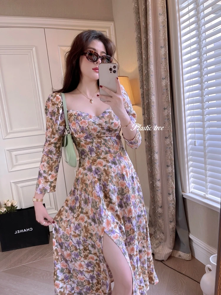 

Fashion Summer Sexy Boho V-Neck Floral Print Beach Party Split Dress Women Short Sleeve Elegant Vestido