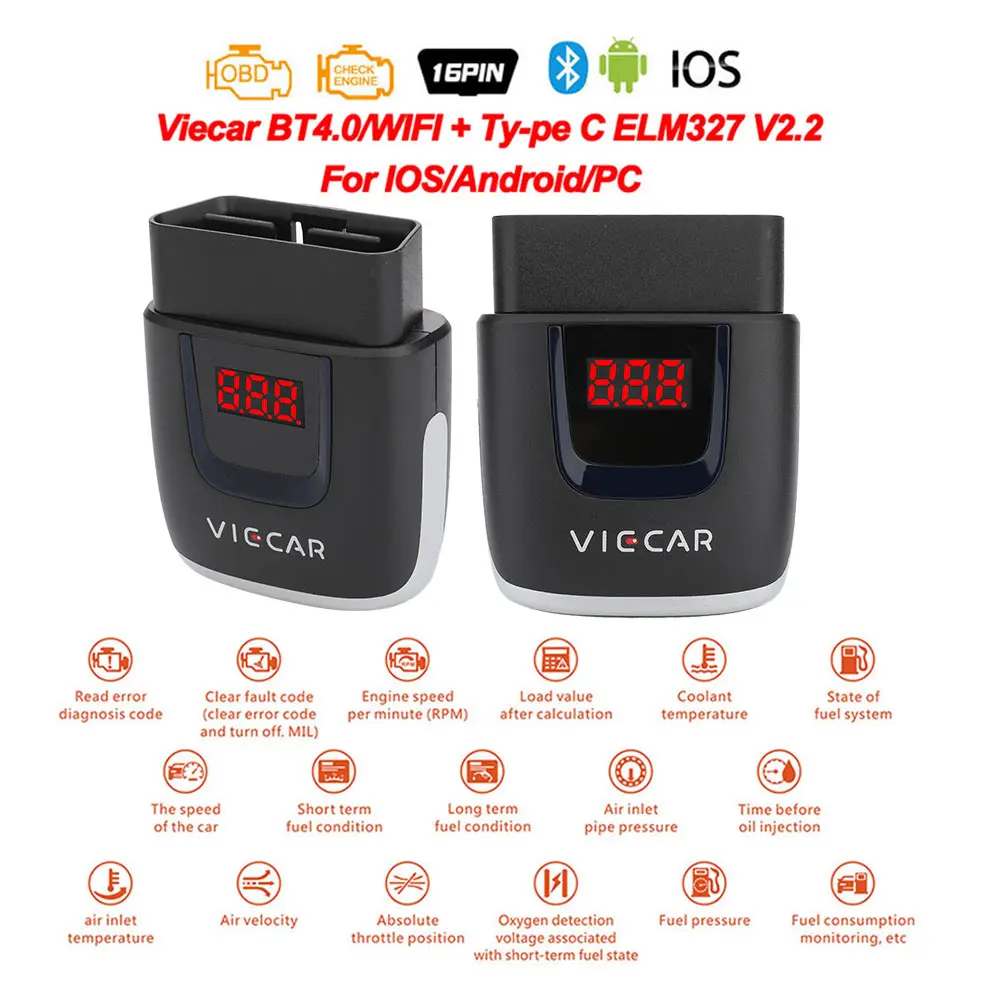 Диагностический сканер VIECAR OBD2 Elm327 V2.1 V2.2 V1.5 Bluetooth Wi-Fi Type-C подключение для iOS Android