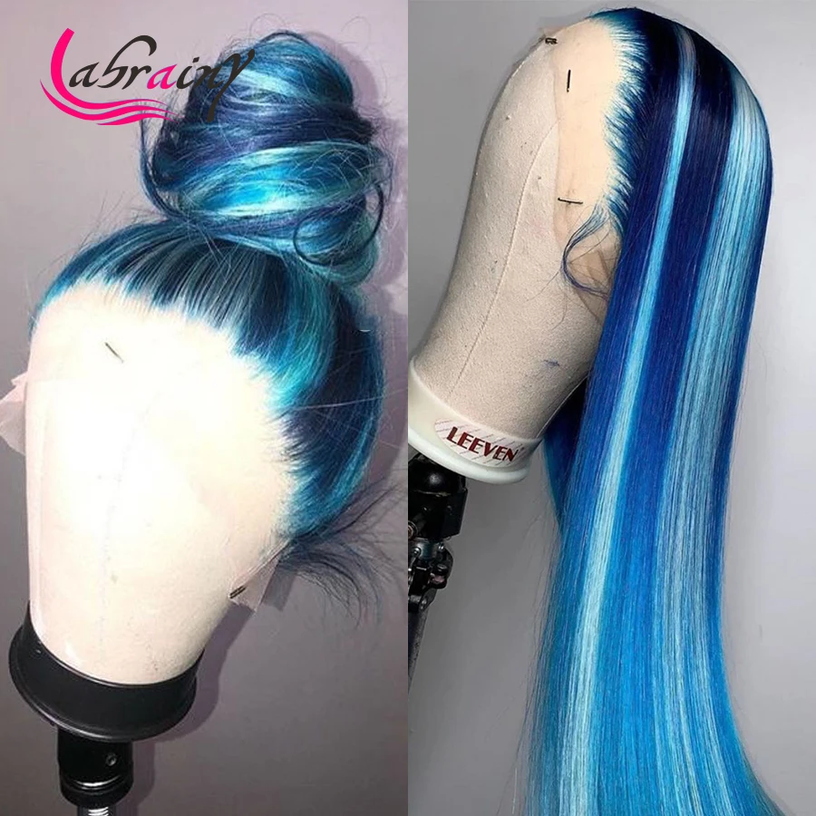

613 13x4 HD Lace Frontal Human Hair Wigs Highlight Blue Colored Straight Blomde Lace Front Brazilian Wig Full Women Deep 13x6x2