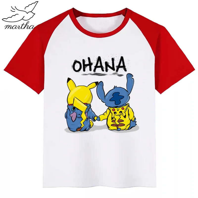 Детская забавная футболка с рисунком Стича и Пикачу круглым вырезом для