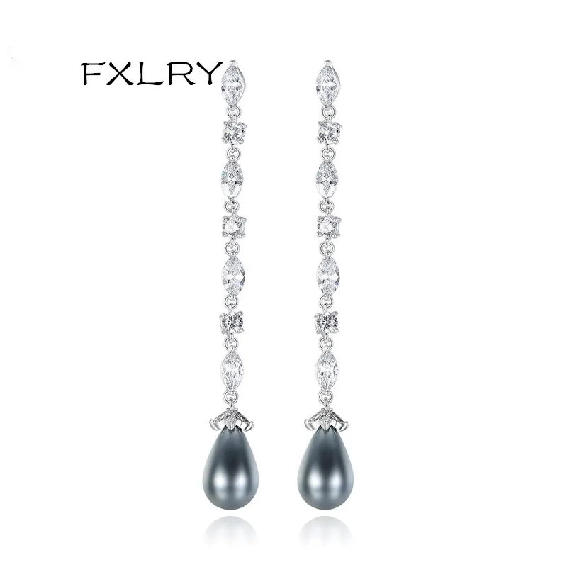 Женские длинные серьги FXLRY, белого цвета, с инкрустацией из циркония ААА, с жемчугом, в подарок