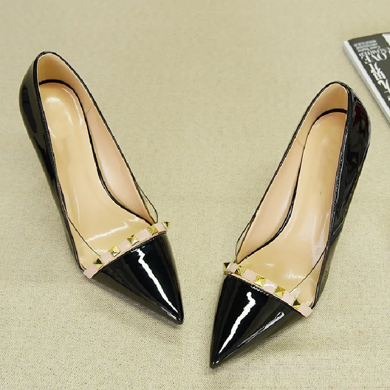 

2021 new patent leather rivets with pointed toes and shallow stiletto heels hollow transparent glue notched shoes size 33-46
