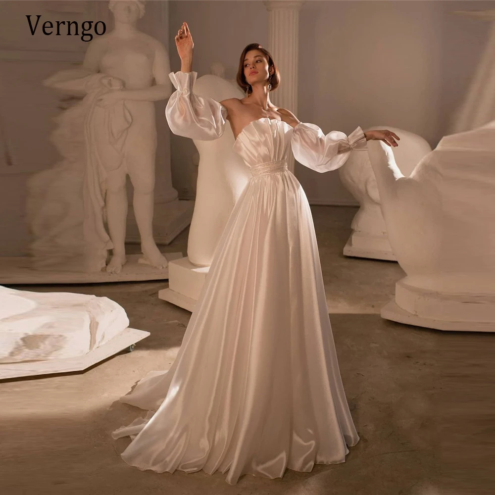 

Verngo 2021 New Design Silk Satin Wedding Dress Puff Long Sleeves Strapless Draped Pleats Sash Bride Gowns Korean Bridal Dresses