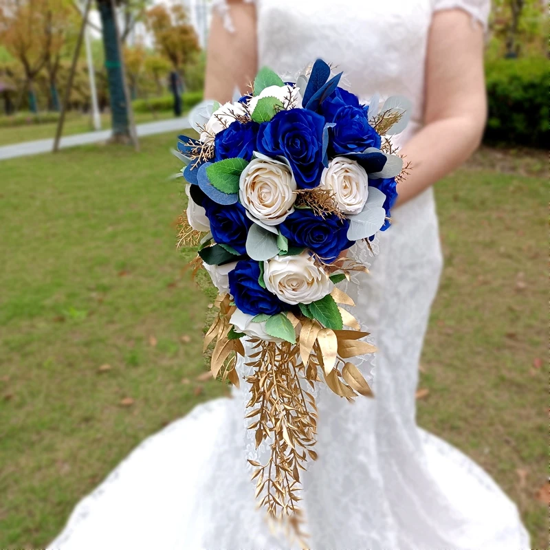 

Whitney Wedding Bouquet Collection Accent Color Royal Blue Brooch Golden Unique Cascading Buque De Noiva Para Casamento