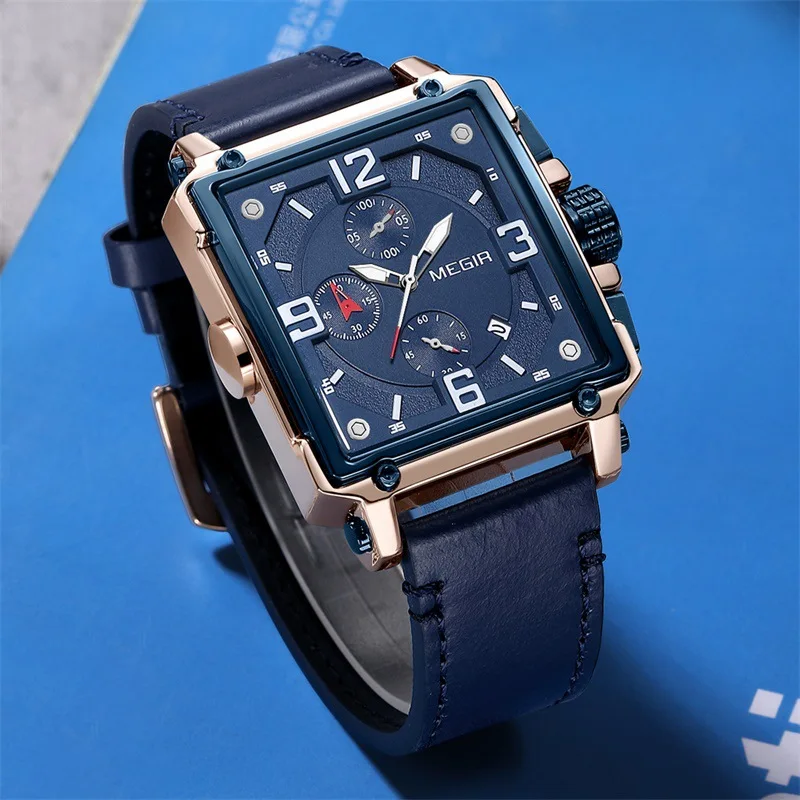 

MEGIR New Luxury Men's Sports Chronograph Quartz Watch Multifunctional Luminous Calendar Waterproof Watch Clock Square 2061