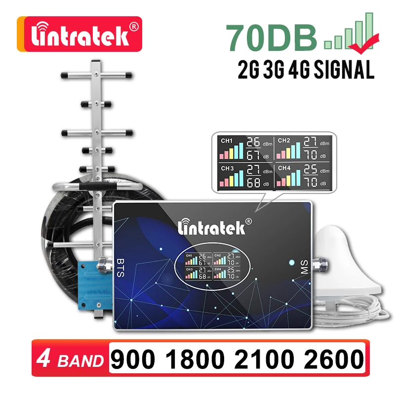 Усилитель сигнала сотовой связи AGC S7 4 полосы 2G 3G 4G 70 дБ GSM 900 B3 LTE 1800 B1 2100 B20 800 B7 2600 B5 850