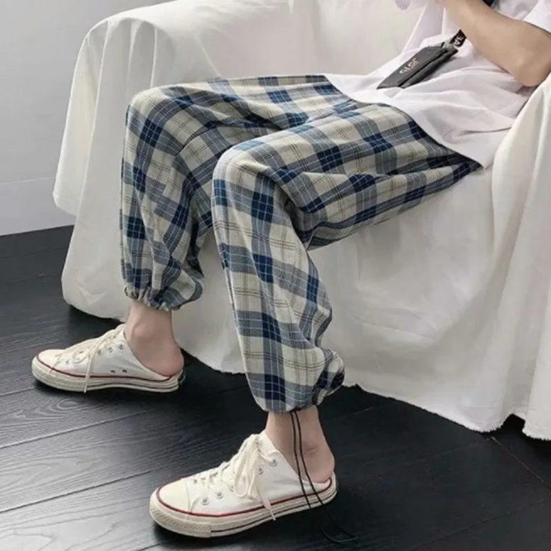 

Men Plaid Pants Elasiic Waist Loose Long Pants Lounge Clothing Dialy Party Street Clothing Japanese Vintage Plaid Daddy Pants