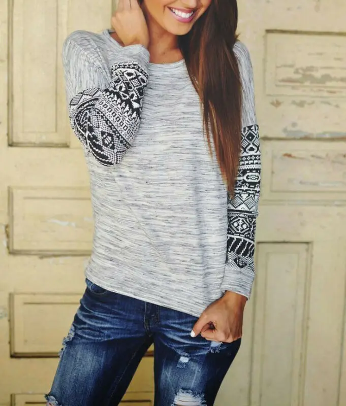Женская свободная футболка с длинным рукавом серый винтажный текстурный свитер
