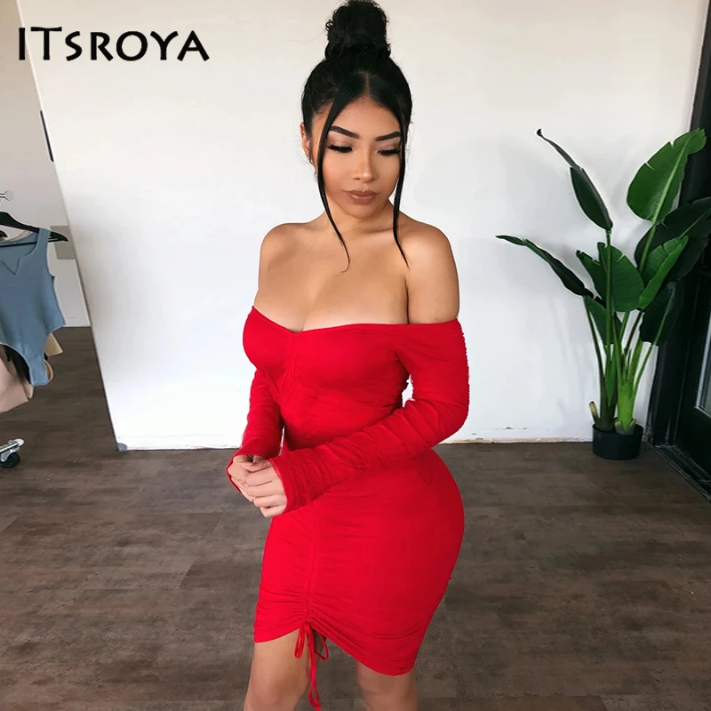 Itsroya без бретелек с длинным рукавом мини красное платье сексуальное открытой