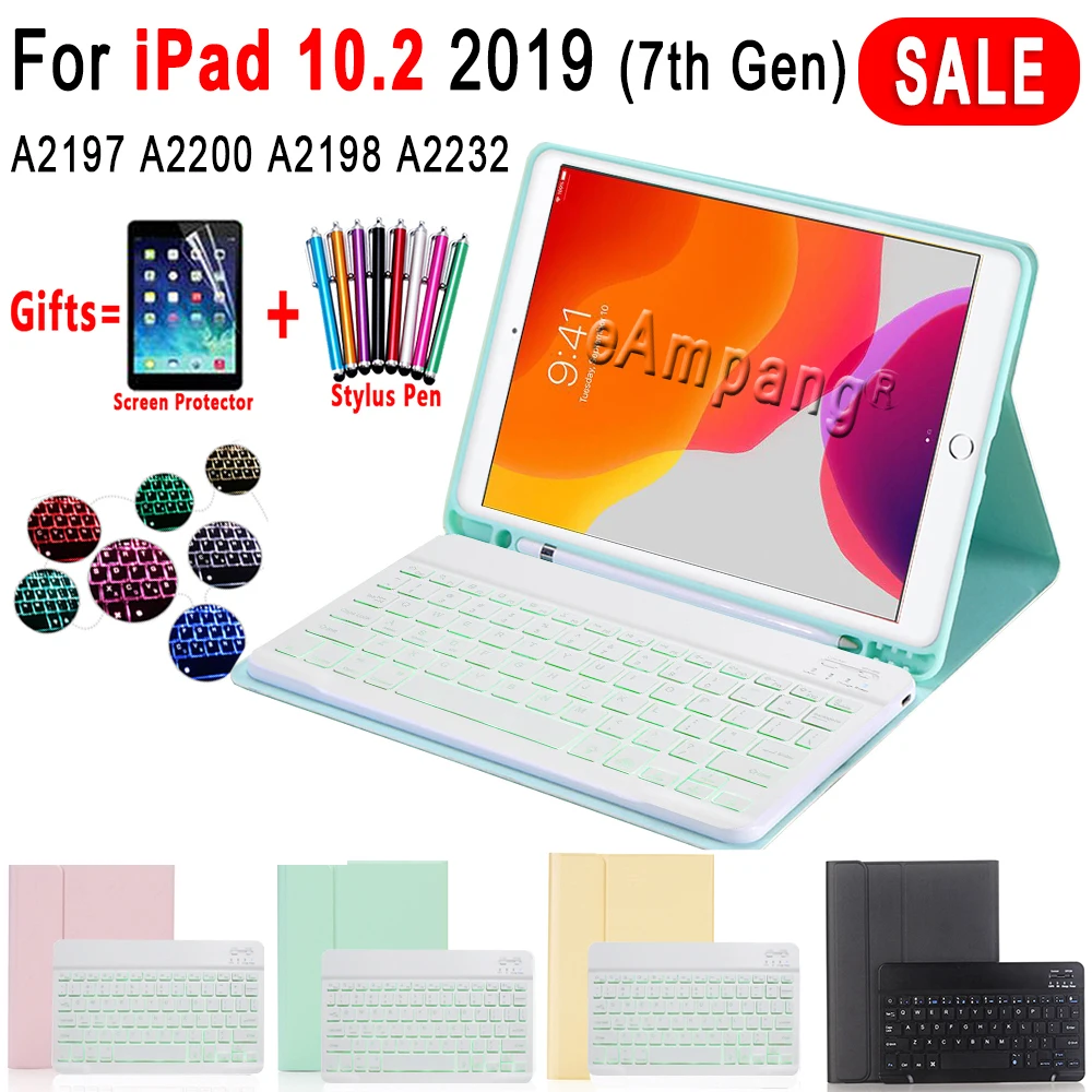

Backlit Keyboard Case for iPad 10.2 2019 7 7th 8th Generation with Pen Slot A2197 A2200 A2198 A2232 Cover 7 Colors Light