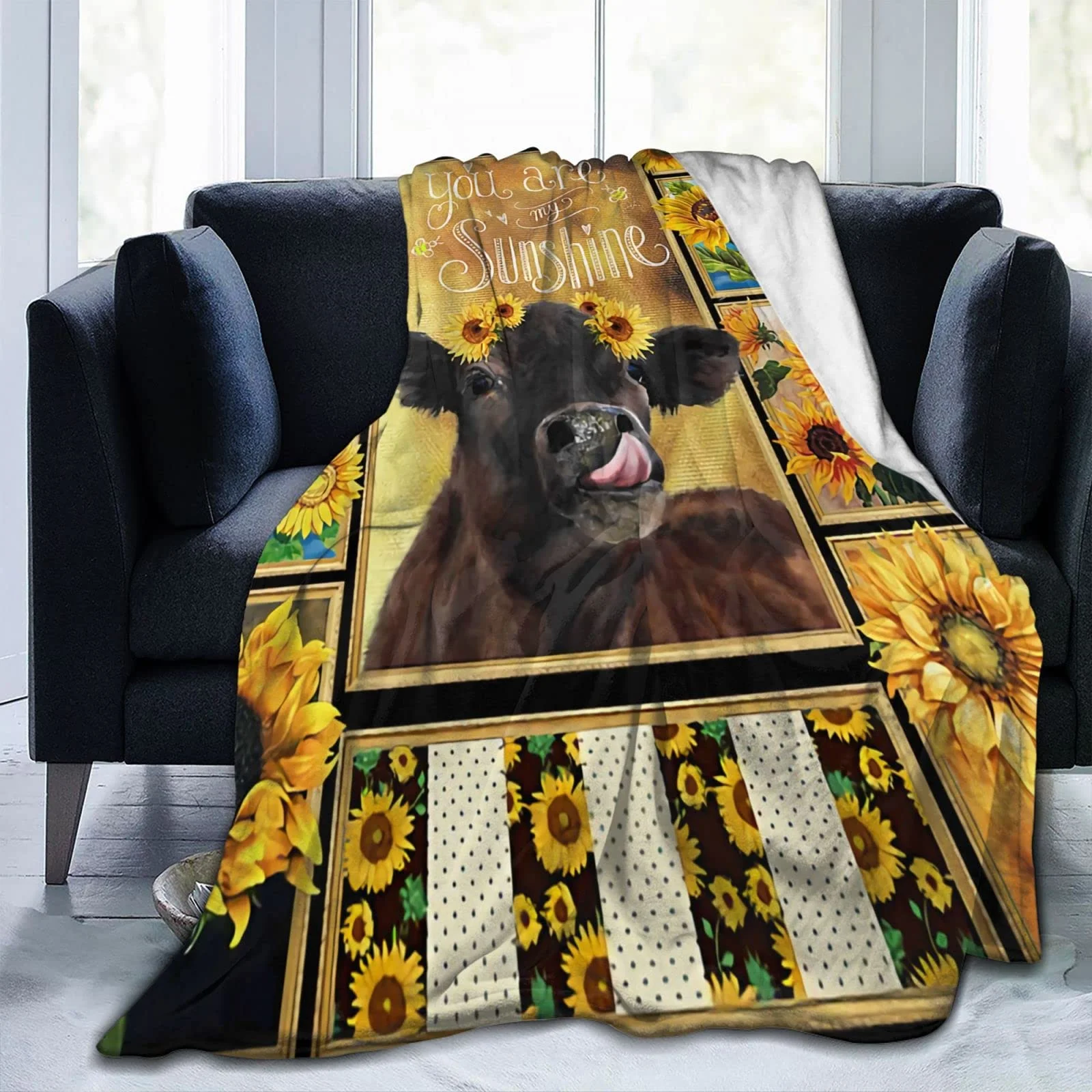 

Flannel Eco-Friendly Sheet Soft Brown Cow Lover's Sunflower Winter Fleece Blanket Keep Warm Baby Adult Boy Girl Travel 60*80 Inc