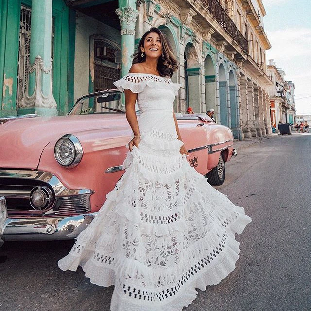 

Lugentolo Maxi Dress Women Party Sexy Lace Summer New Short Butterfly Sleeve Empire Off Shoulder Floor-Length Womens Dresses