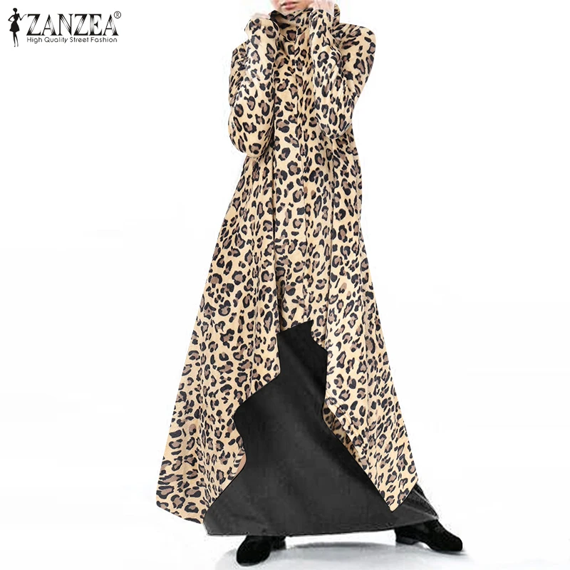 B Brown Leopard Осенние толстовки, сарафан, женское Ассиметричное платье,, ZANZEA, водолазка, длинный рукав, свитшоты, макси платья размера плюс, Халат - Цвет: B Brown Leopard