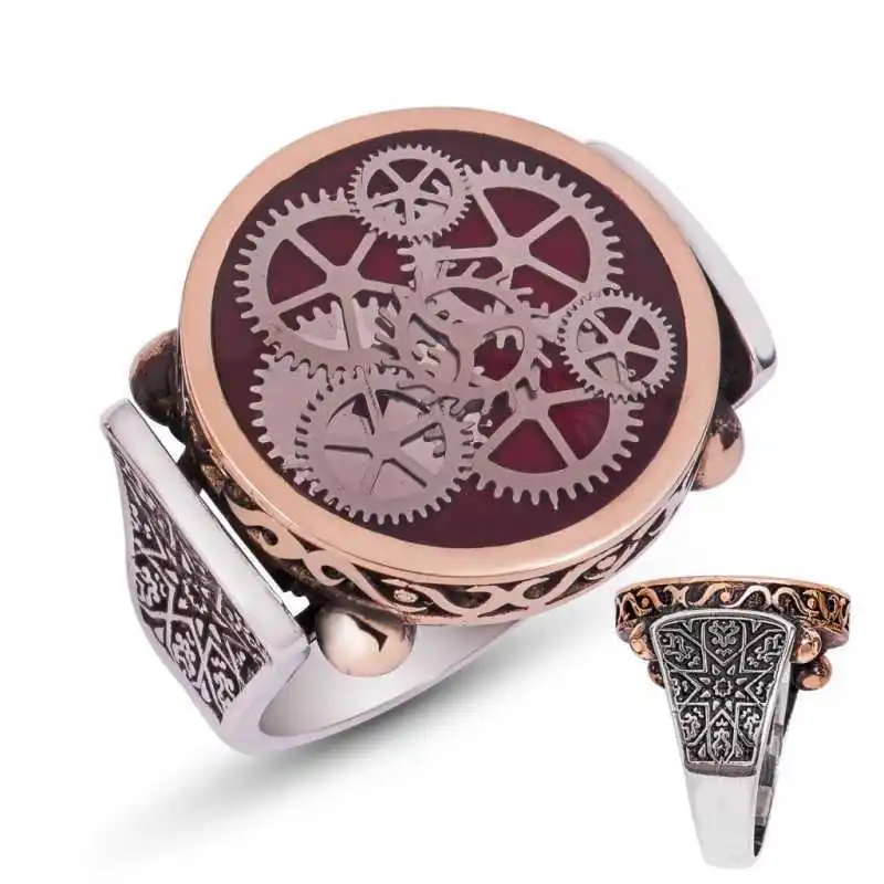 Silverlina Silver Maroon Clock Wheel Male Ring