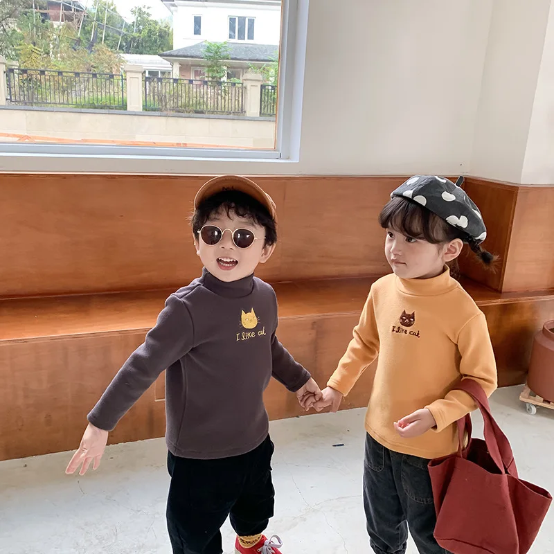 Зимние Детские футболки с вышитым котом подкладкой из флиса Теплые Топы 4 цветов