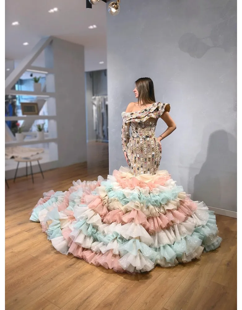 2020 One Shoulder Prom Dresses Rainbow Mermaid Krystal Appliqued Beaded Ruffles Sexy Women Occasion Pageant Evening Gowns