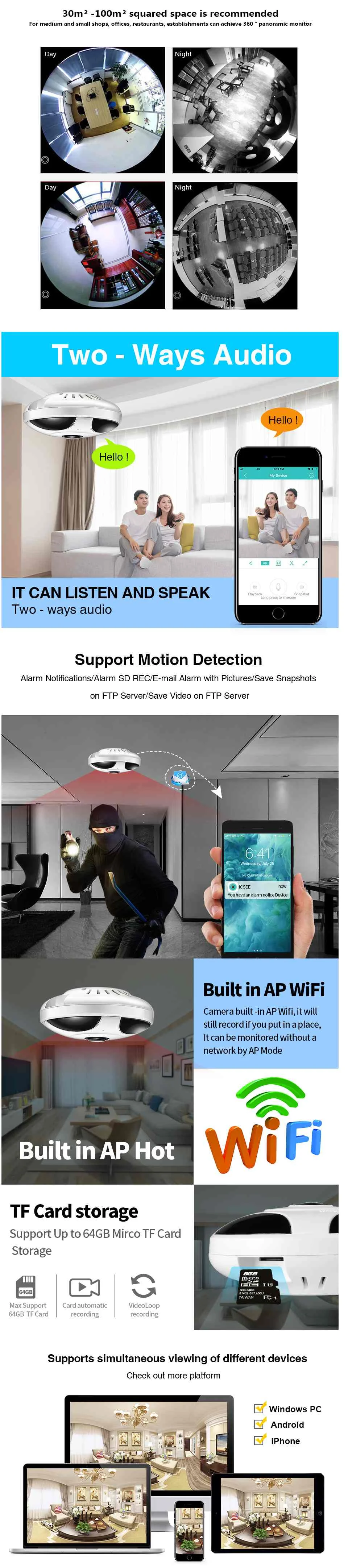 Панорамная 1080P умная камера wifi камера ONVIF H.264 инфракрасная ночная версия M-otion Обнаружение купольная Безопасность Детская видеоняни