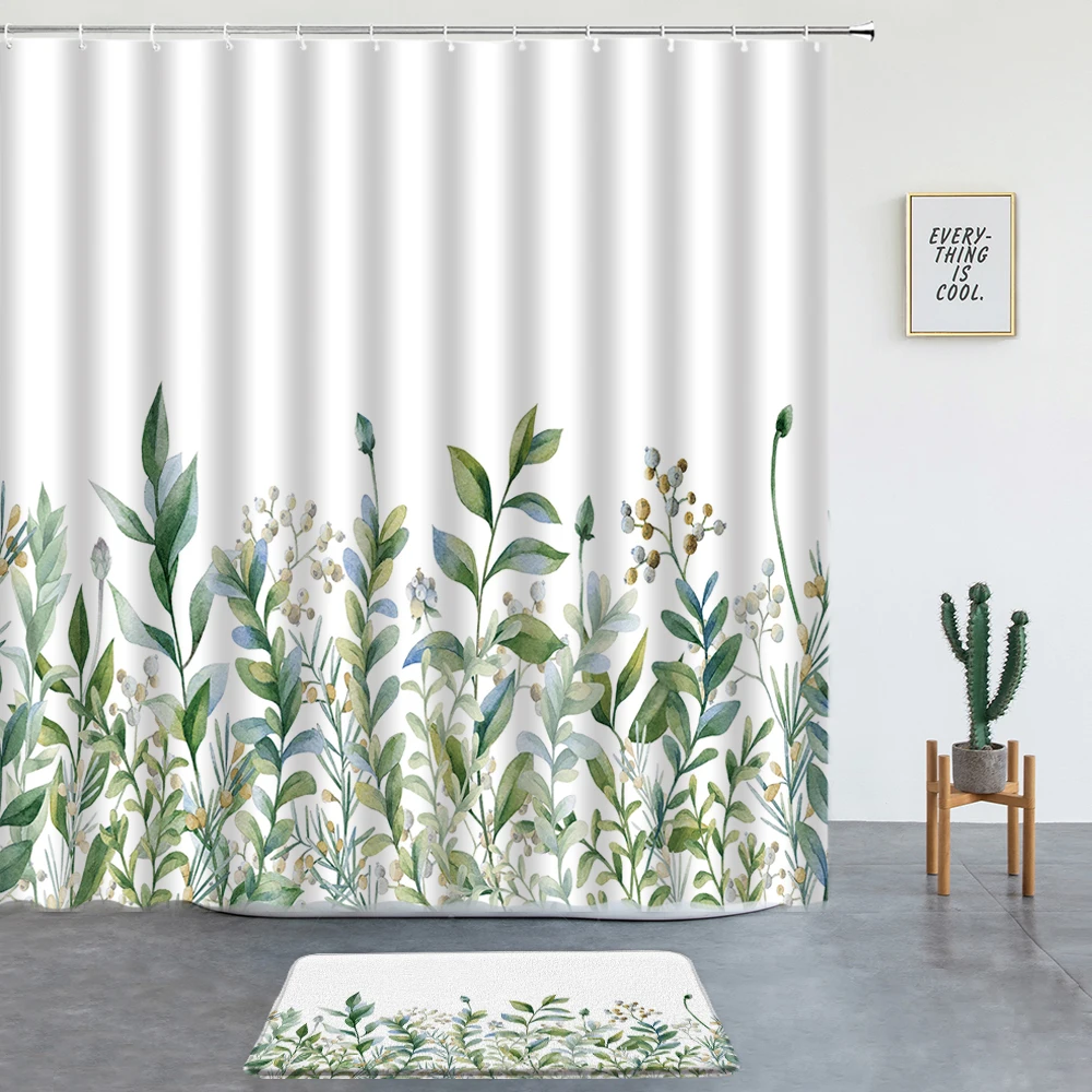 

Набор штор для душа с цветочным рисунком зеленых листьев, коврики для ванной с цветочным узором, Нескользящие Коврики для экрана в ванную ко...