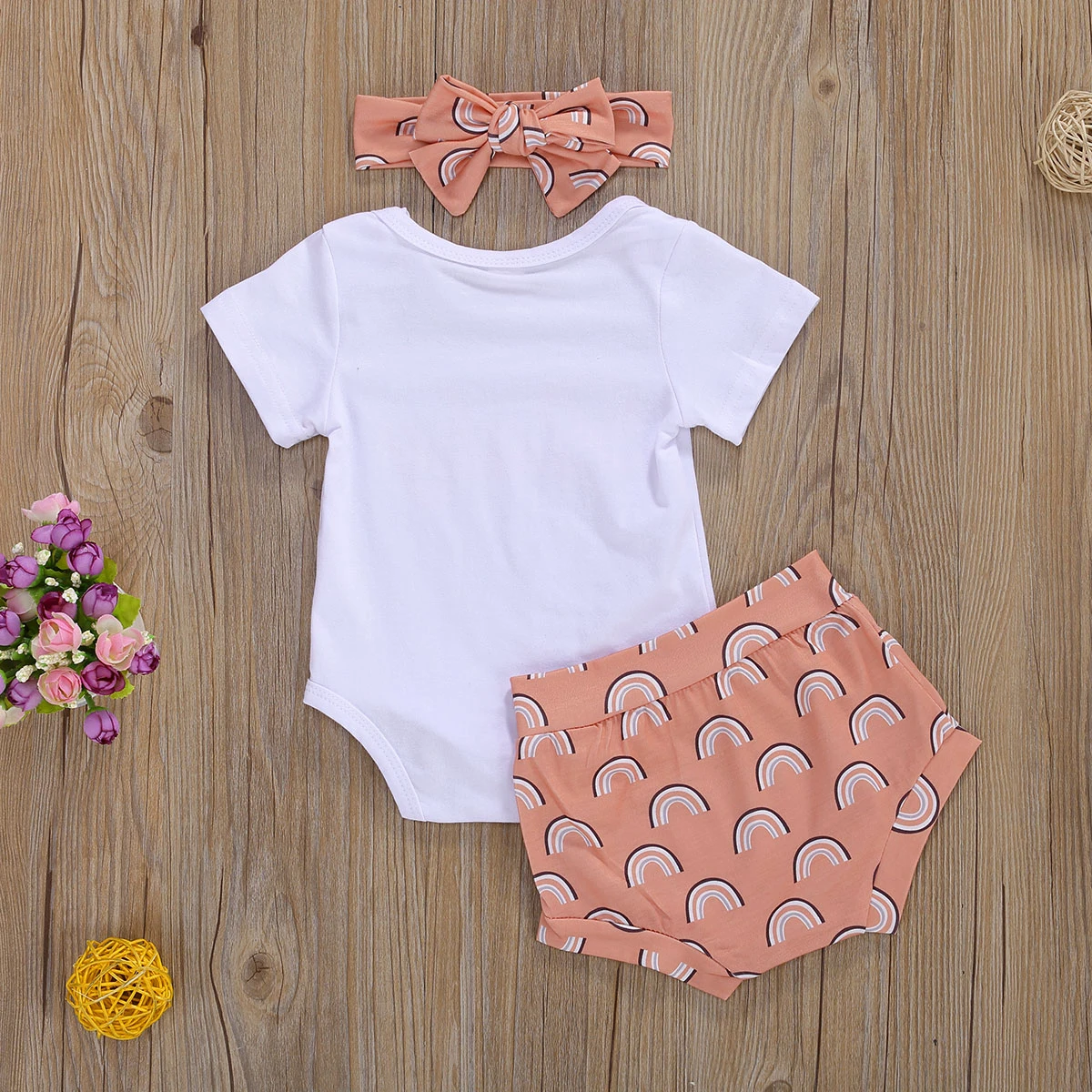 

Newborn Baby Girl Outfits Set Summer Short Sleeve Infant Romper Raninbow Print Shorts Headband Suit