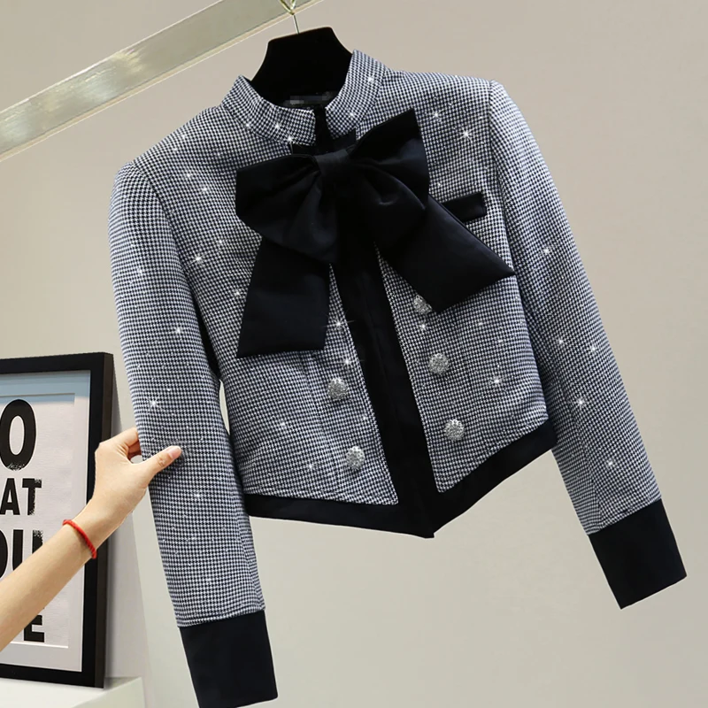 Роскошный короткий костюм со стразами и бантом осенне-зимняя одежда 2021 модное