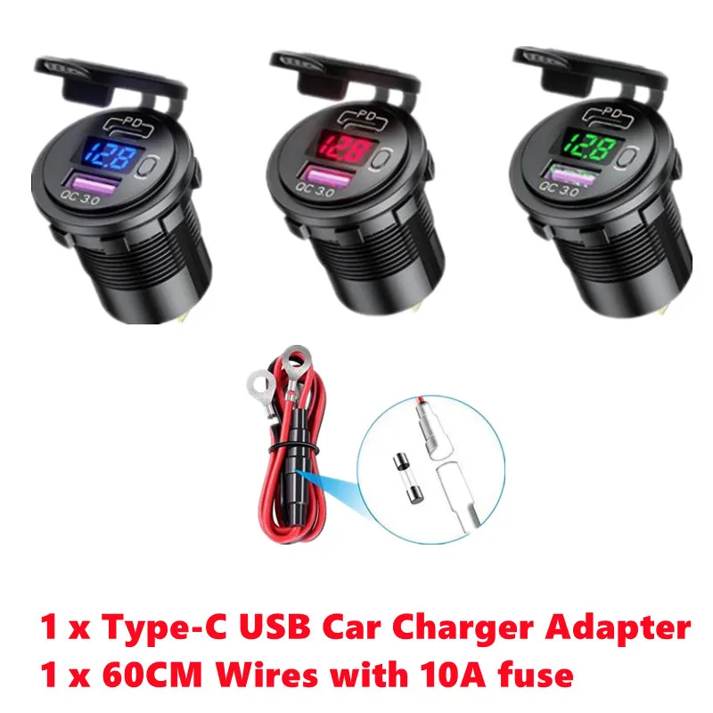 PD Type C USB Car Charger Switch QC 3.0 Quick Charger Waterproof 36W Charger Power Delivery Voltmeter for Motorcycle Marine Boat