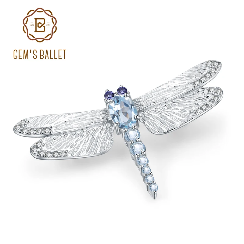 GEM'S BALLET 1.41Ct натуральная небесно-голубая брошка с топазами 925 пробы Серебряная ручная работа дизайн стрекоза Броши для женщин хорошее ювелирное изделие