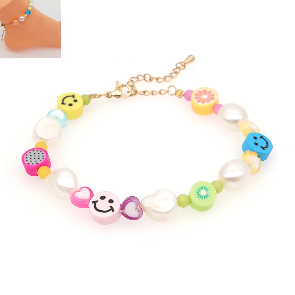 

Summer Cute Fruit Beads Anklet for Women Girl Summer Beach Foot Chain Jewelry Anklets Freshwater Pearls Smile Leg Bracelet