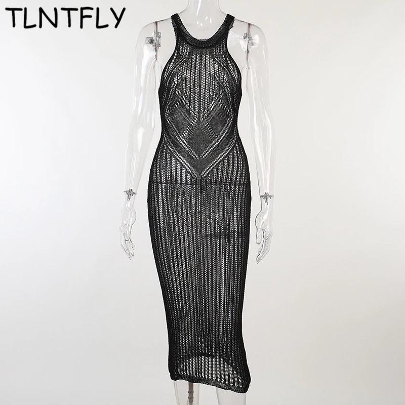 

Woman Sexy Woolen Dresses Hollow Exposure Summer Knitted Beach Dress Cotton Mesh Tight Sleeveless Mid-Length Vacation Streetwear