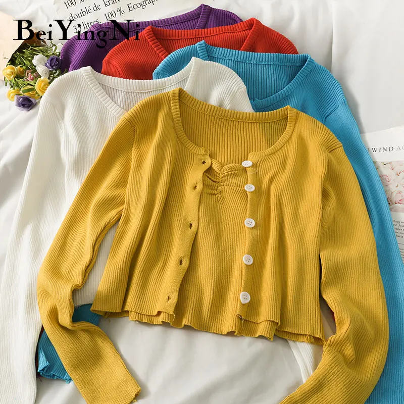 

Beiyingni Women Cardigan And Tank Top Sexy Buttons Fashion Slim Long Sleeve 2 Piece Set Crop Tops Female Sweaters Solid Color