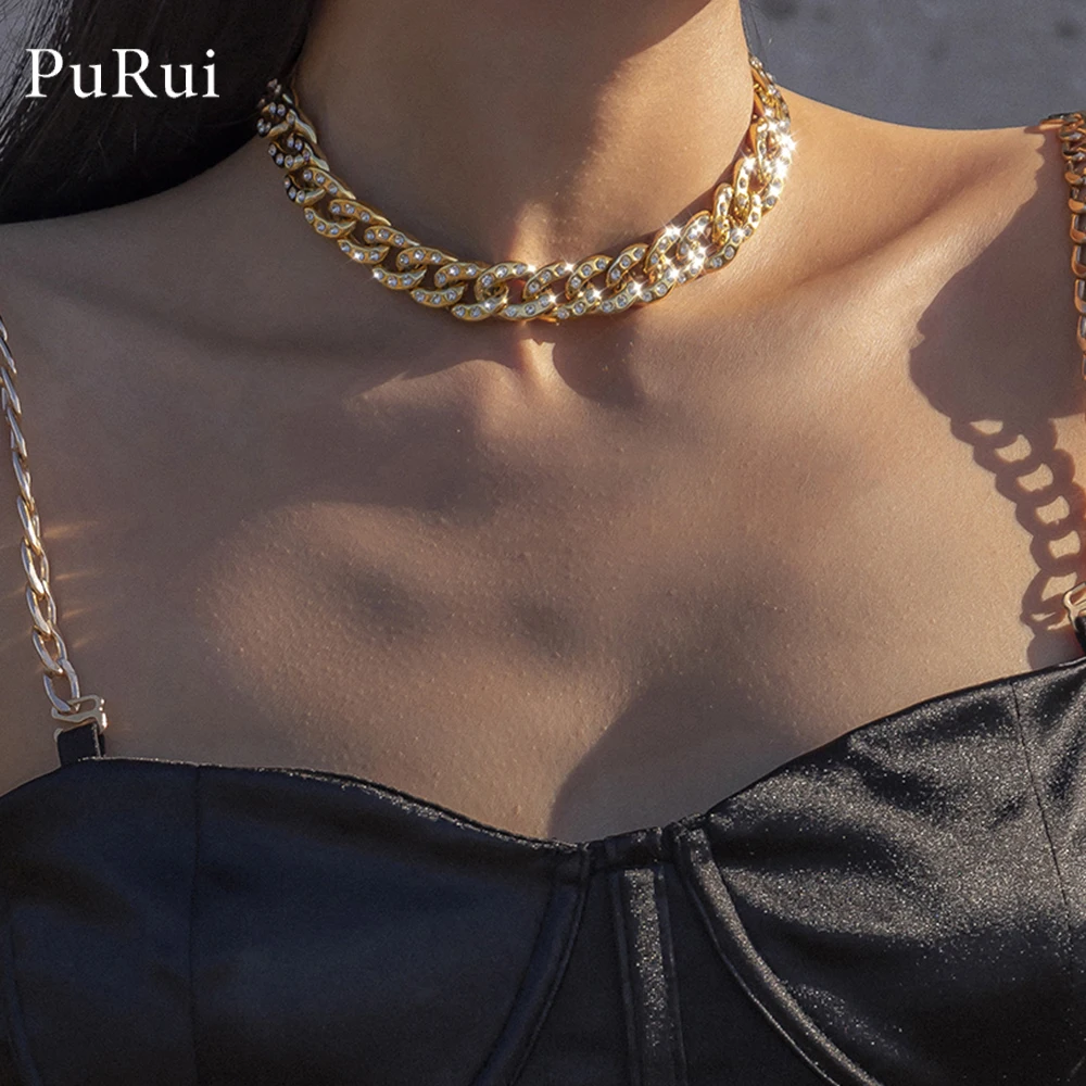 

2021 Crystal Chunky Cuban Link Chain Choker Necklace for Women Hip Hop Charm Necklace Collares Statement Choker Party Jewelry