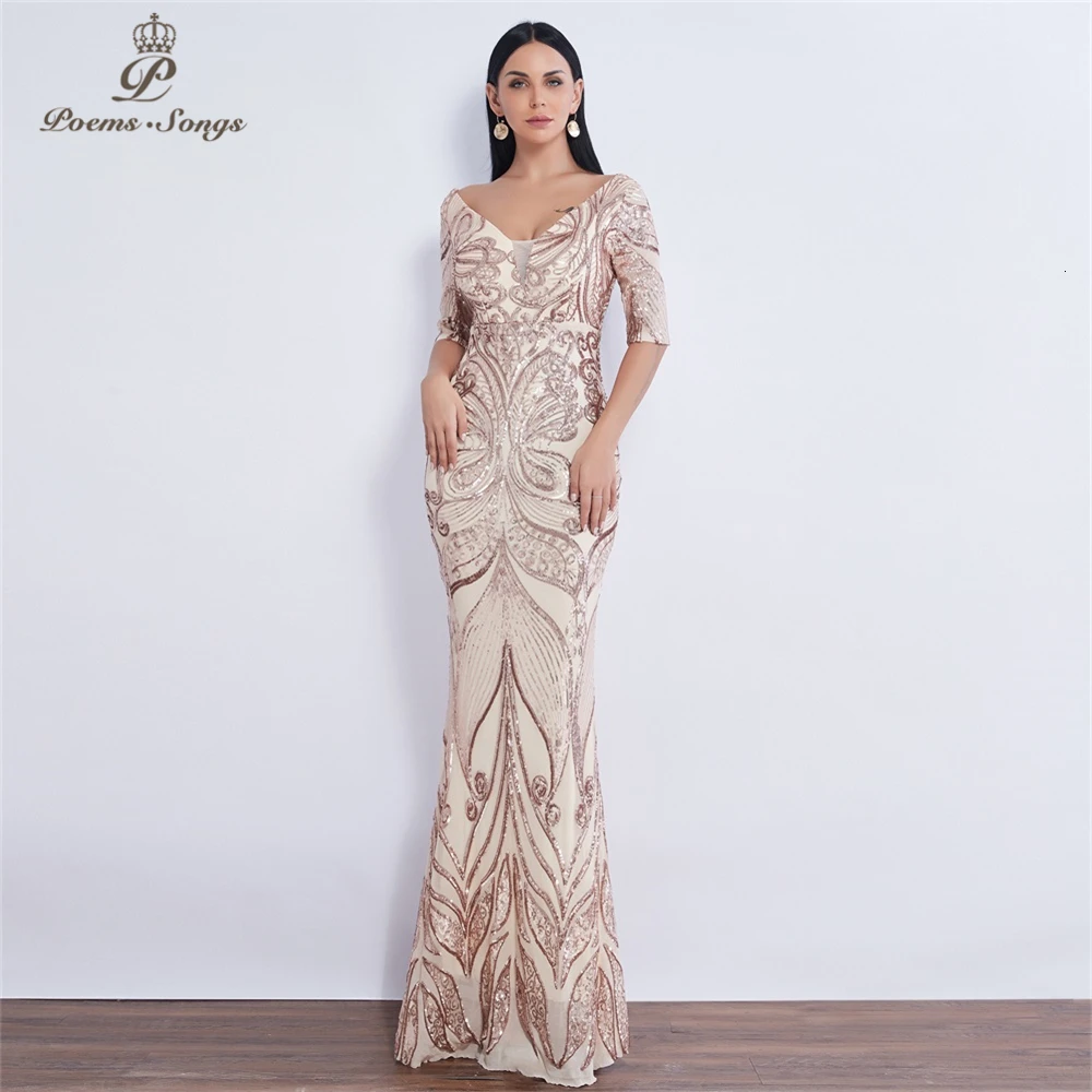 Half sleeve Butterfly style Sequin Evening dress vestido de festa formal mermaid vestido de noche robe de soiree prom dress