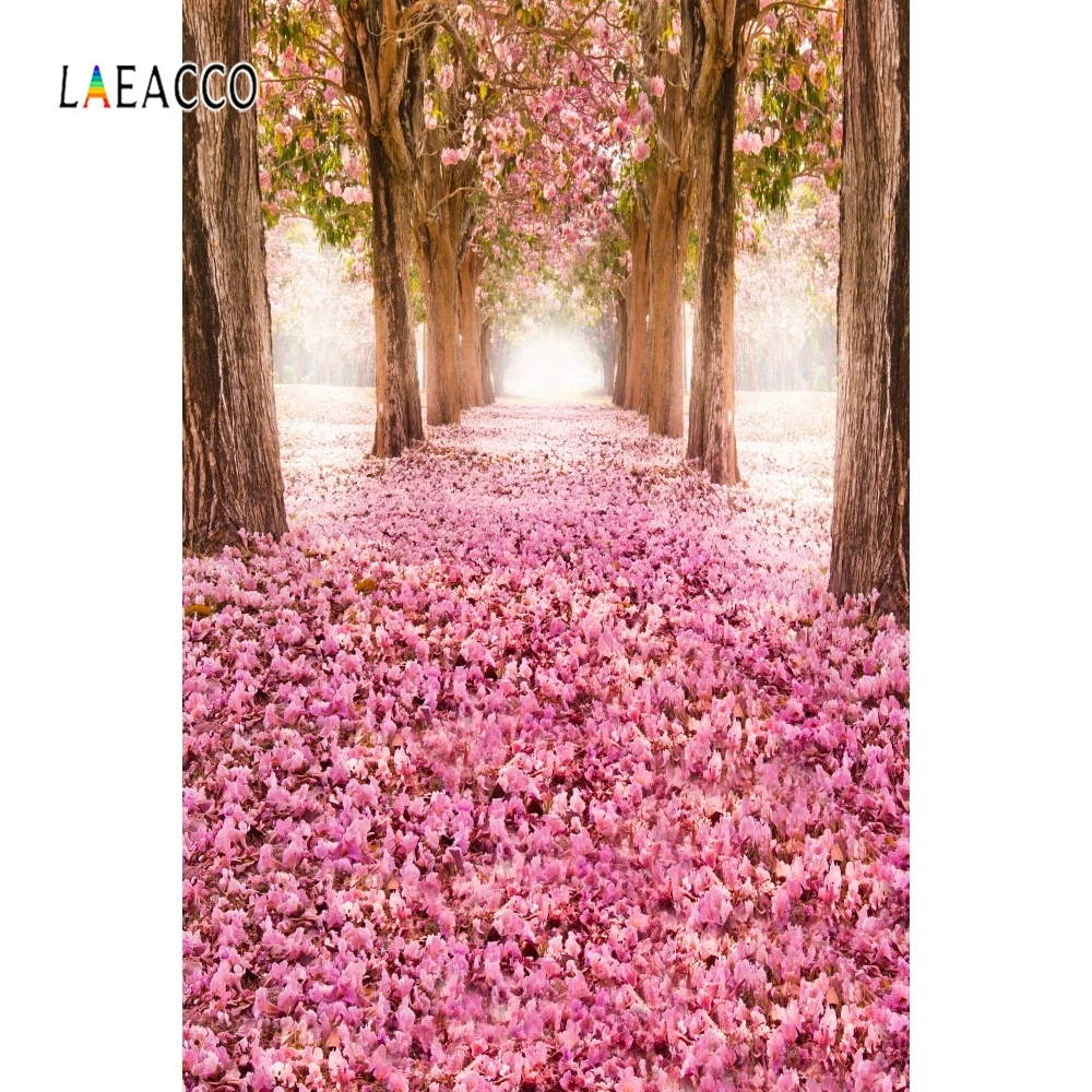 Laeacco весенний портрет Фотофон лес цветущие деревья дорога фотография фоны для