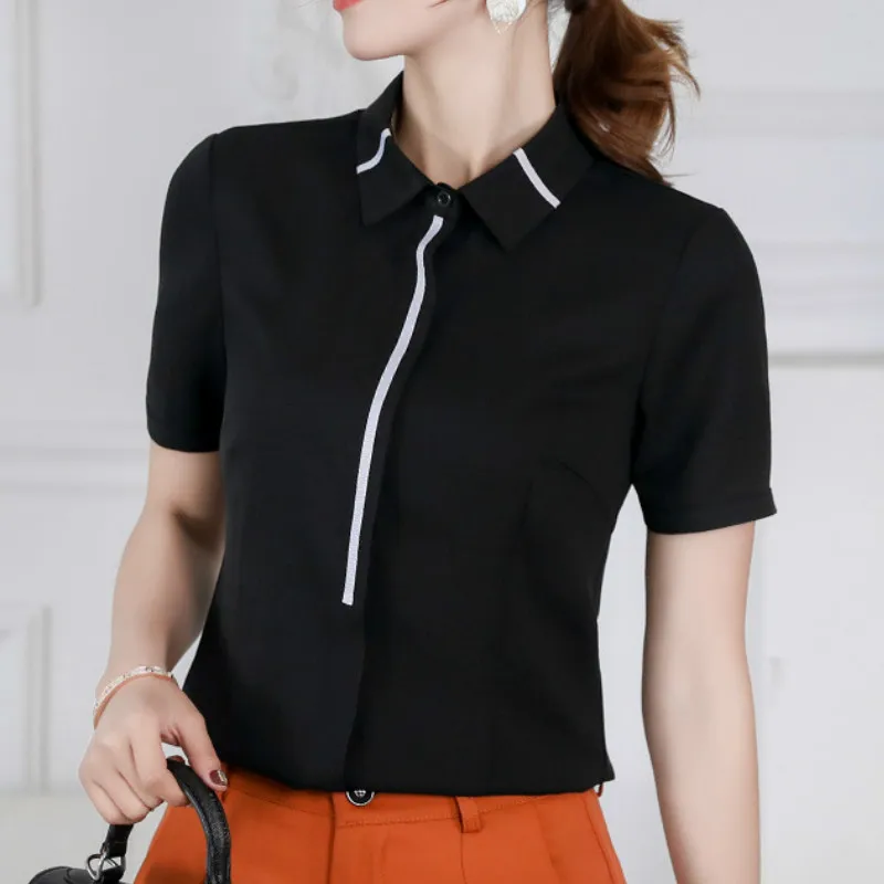 Женская шифоновая офисная блузка с отложным воротником тонкая рубашка коротким