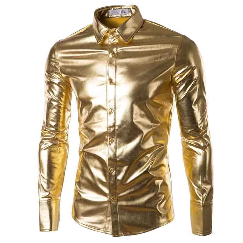 

Gold Shiny Leather Coating Mens Slim Clubwear Dance Shirt Fashion Long Sleeve Button Up Top Shirt Punk Style Fashion Streetwear