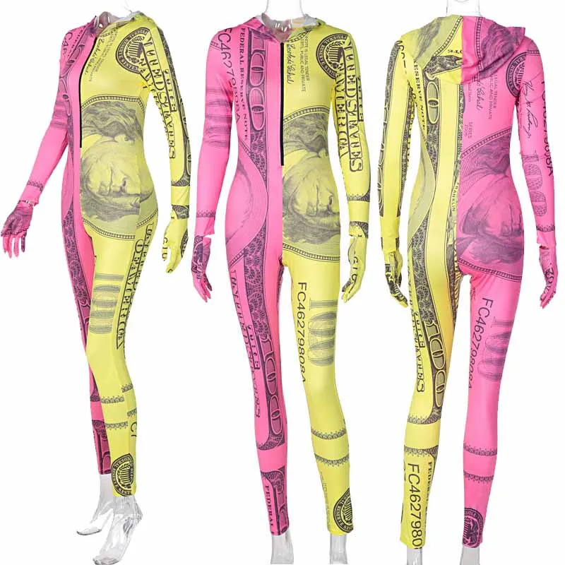 

Autumn Print One Piece Jumpsuit Women Patchwork Zipper Long Sleeve Hooded Rompers Womens Jumpsuit Slim Skinny Bodycon Jumpsuit