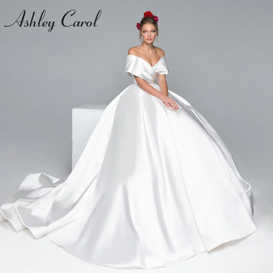 

Эшли Карол свадебное платье трапециевидной формы 2022 Элегантное Атласное милое пляжное свадебное платье с открытыми плечами винтажные свадебные платья принцессы