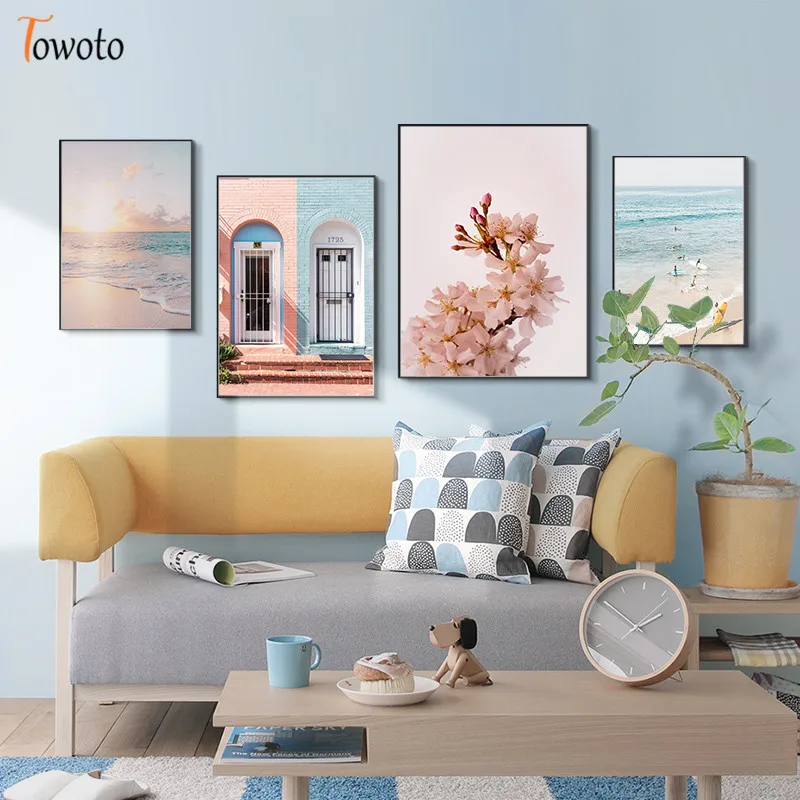 Nordic Landscape Canvas Painting for Living Room Poster Print Coastline Sea Wall Art Pink Flower Decoration Picture Home Decor | Дом и сад