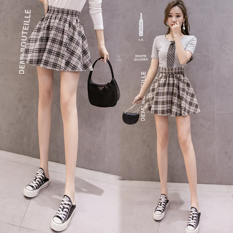 

JXMYY Fashion Summer Mini Skirt Elastic High Waist Elegant Ladies Ball Gown Plaid Skirt Causal Streetwear Korean Short Faldas